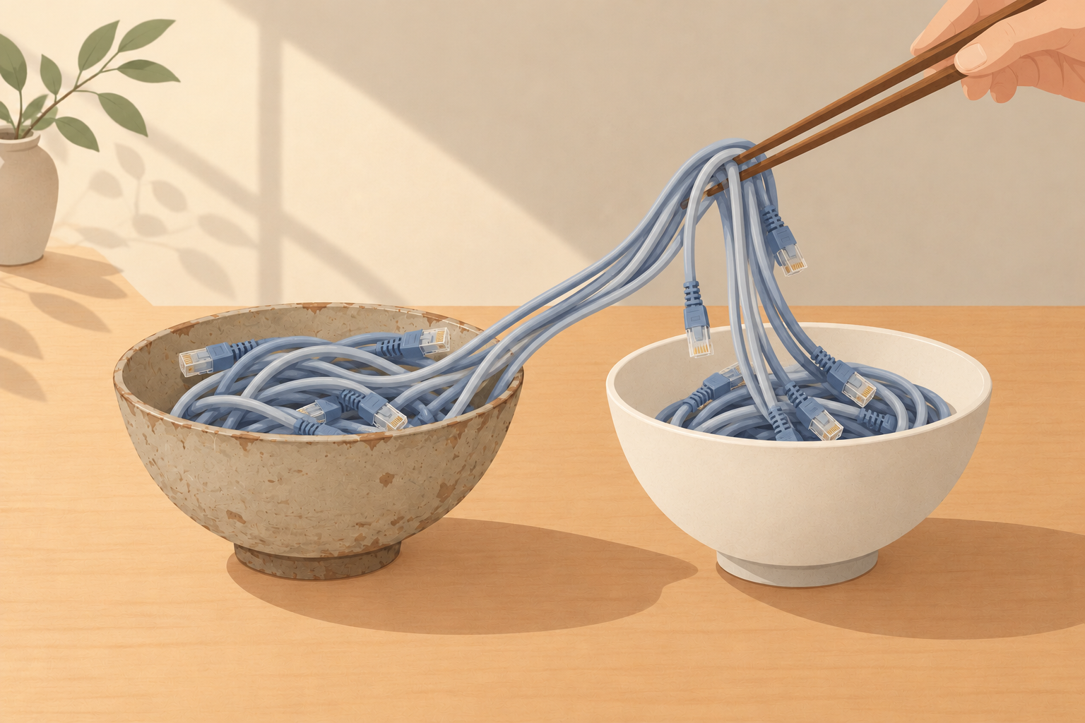 AI generated image - Network cables are used as a visual stand-in for noodles, a playful reference to Noodle(Ops). Chopsticks lift the cables from an old, worn bowl into a clean, new bowl, illustrating the migration from Material for MkDocs to Zensical.